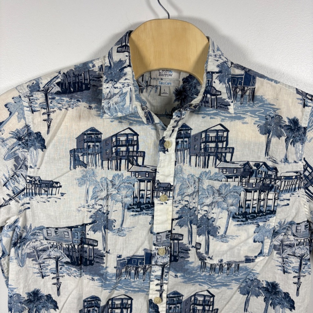 Croft & Barrow Mens Blue White Beach House‎ Palm Tree Linen Blend Shirt Large